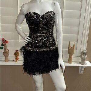 Night Moves Short Party Dress with Feathers 6402 Black